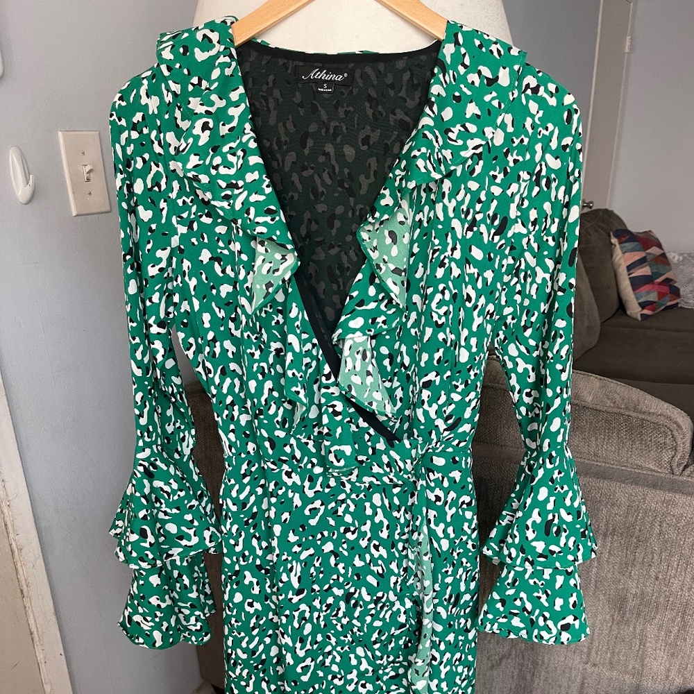 Athina Green Patterned Wrap Dress